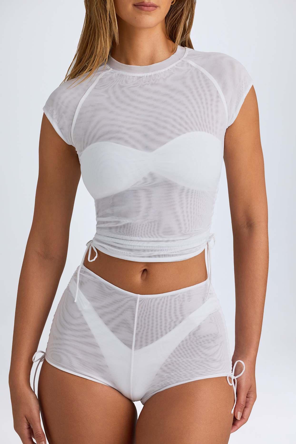 Sheer Ruched Cropped T-Shirt in White Product Image