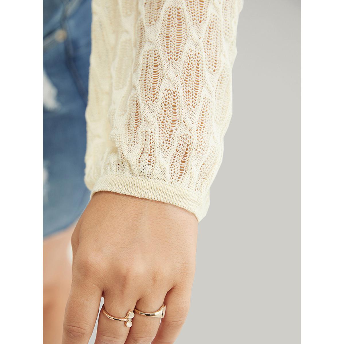 Plus Size Plain Argyle Eyelet Knotted Open Front Cardigan Beige Women Vacation Long Sleeve Going out Cardigans BloomChic 26/4X Product Image