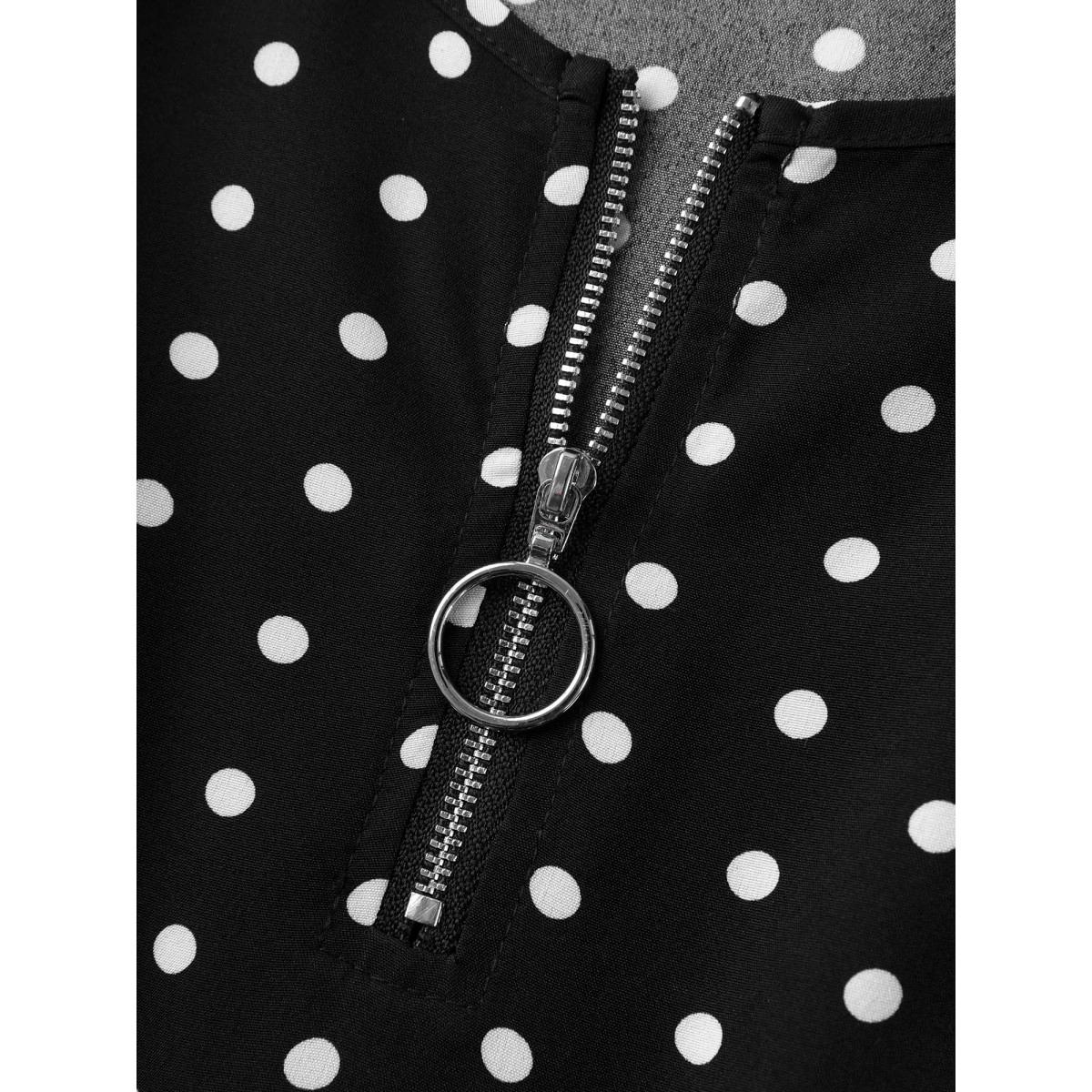 Plus Size Polka Dot Print Half Zipper Midi Dress BlackFlower Women Round Neck Short sleeve Curvy BloomChic 18-20/2X Product Image