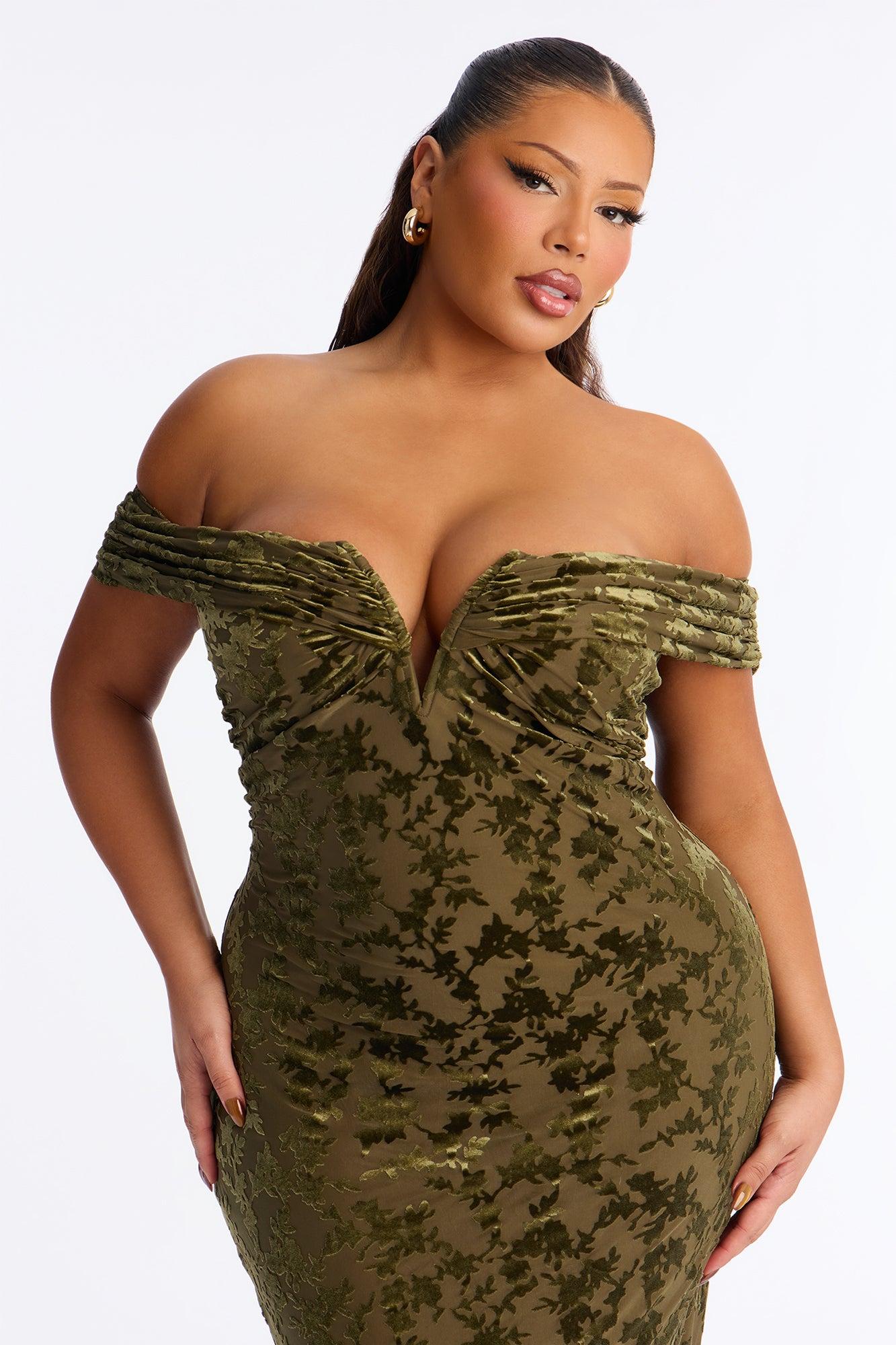Milena Flocked Mesh Midi Dress - Olive Female Product Image