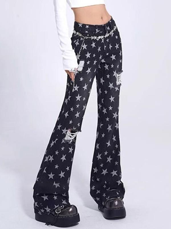 Vintage Star Print Ripped Flare Jeans Product Image