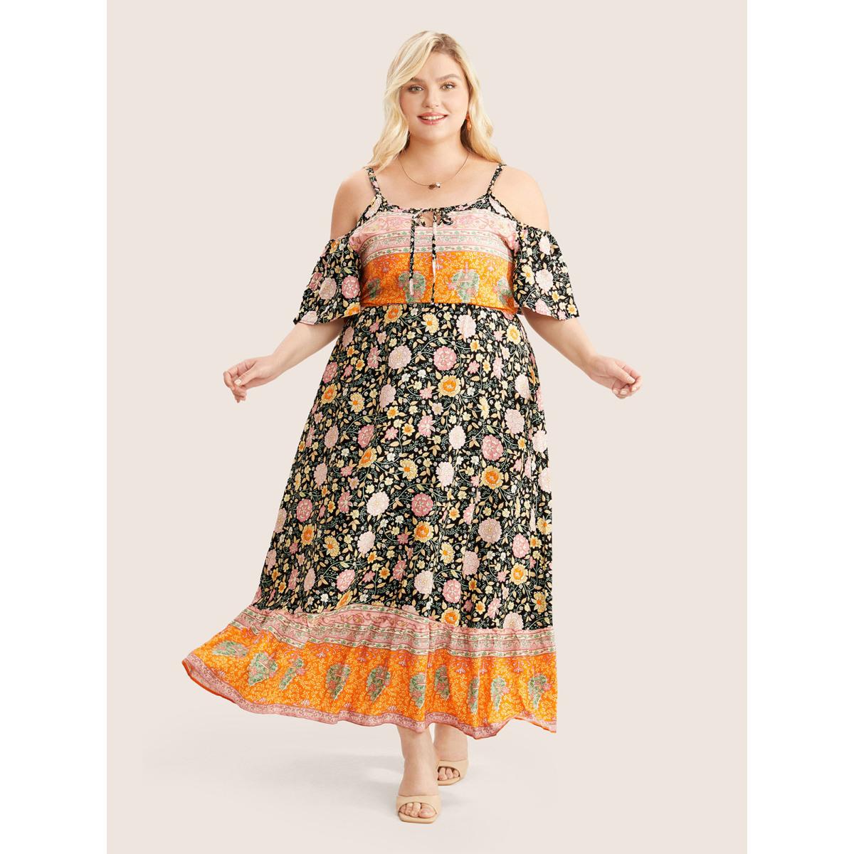 Plus Size Floral Print Pocket Keyhole Ruffles Cold Shoulder Maxi Dress Black Women Boho Non Non Half Sleeve Curvy Long Dress BloomChic 18-20/2X Product Image