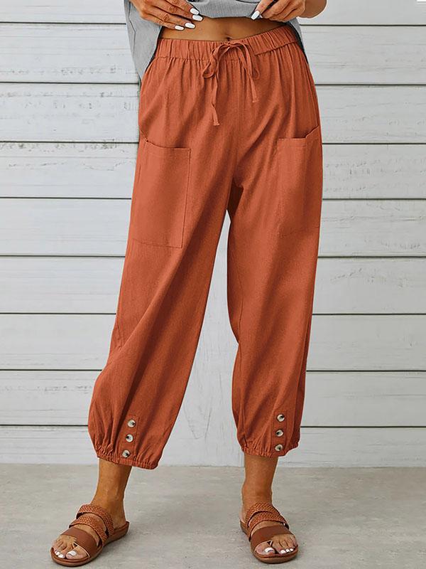 High Waisted Loose Buttoned Drawstring Elasticity Pockets Split-Joint Ninth Pants Trousers Product Image