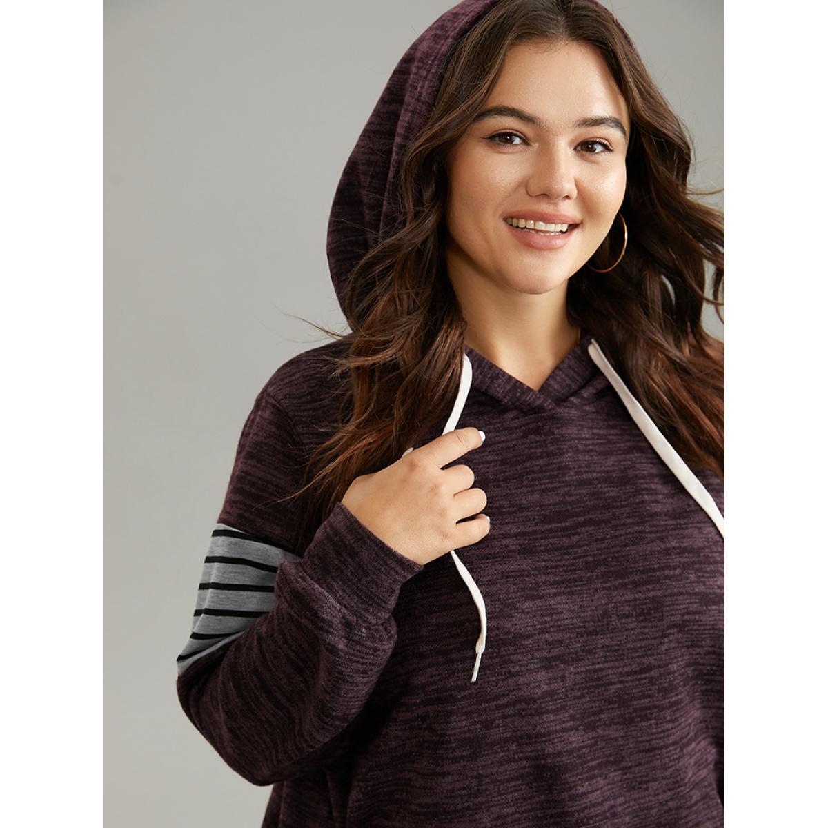 Plus Size Heather Striped Patchwork Pocket Hooded Sweatshirt Women Eggplant Casual Heather Hooded Dailywear Sweatshirts BloomChic 22-24/3X Product Image