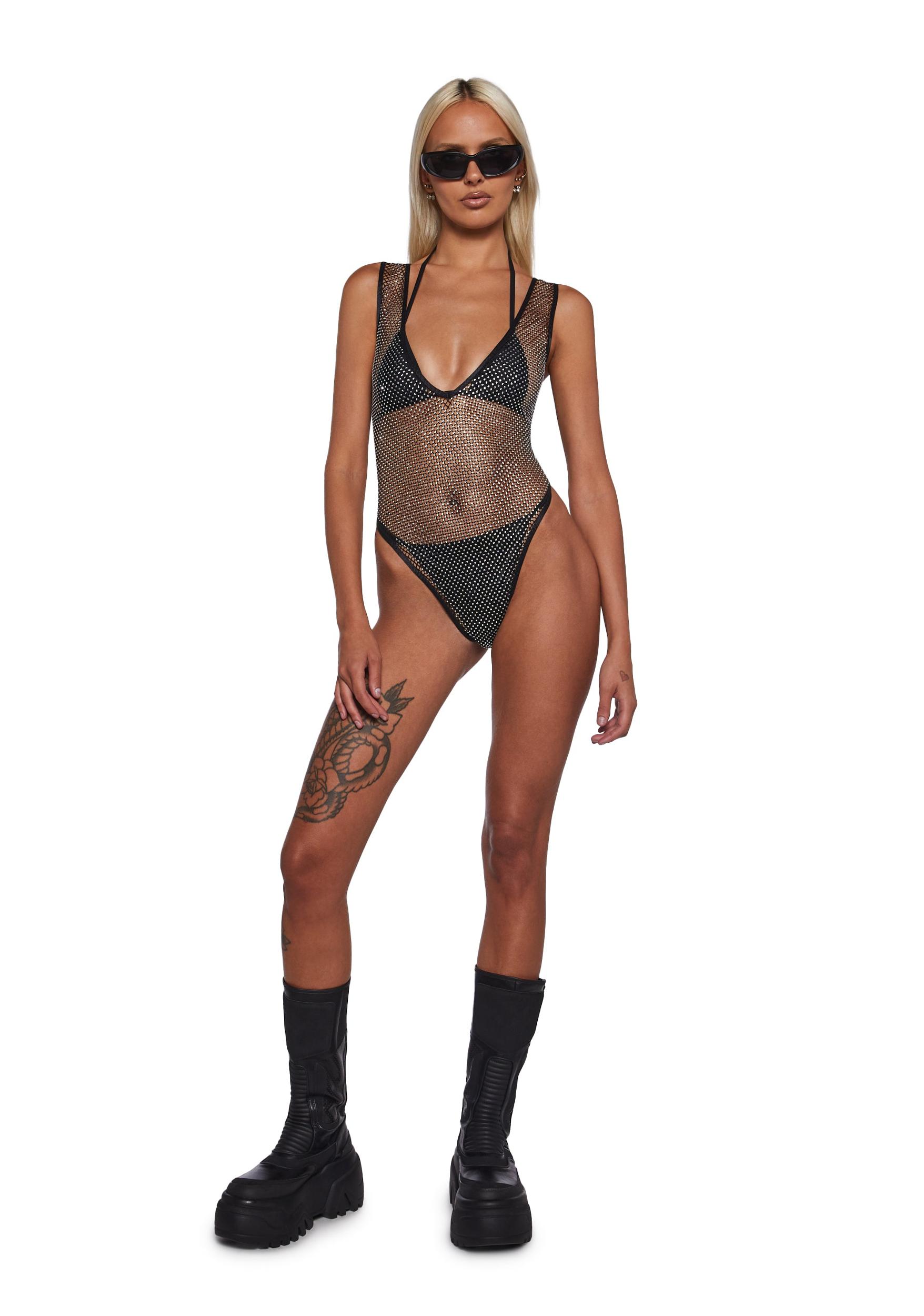 Womens Sexy Fishnet Rhinestone Teddy Roma - Black Product Image