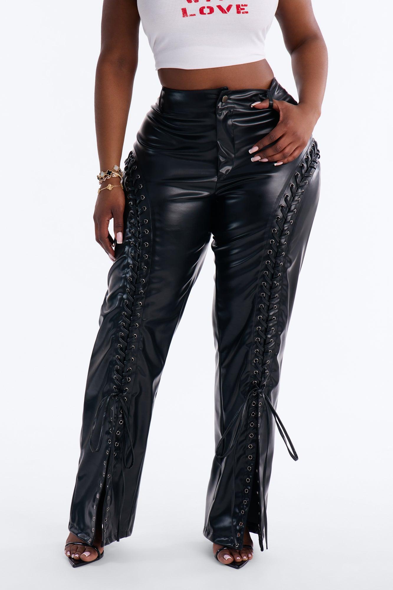 Lace Me Up Low Rise Faux Leather Flare Pant 33″ - Black Female Product Image