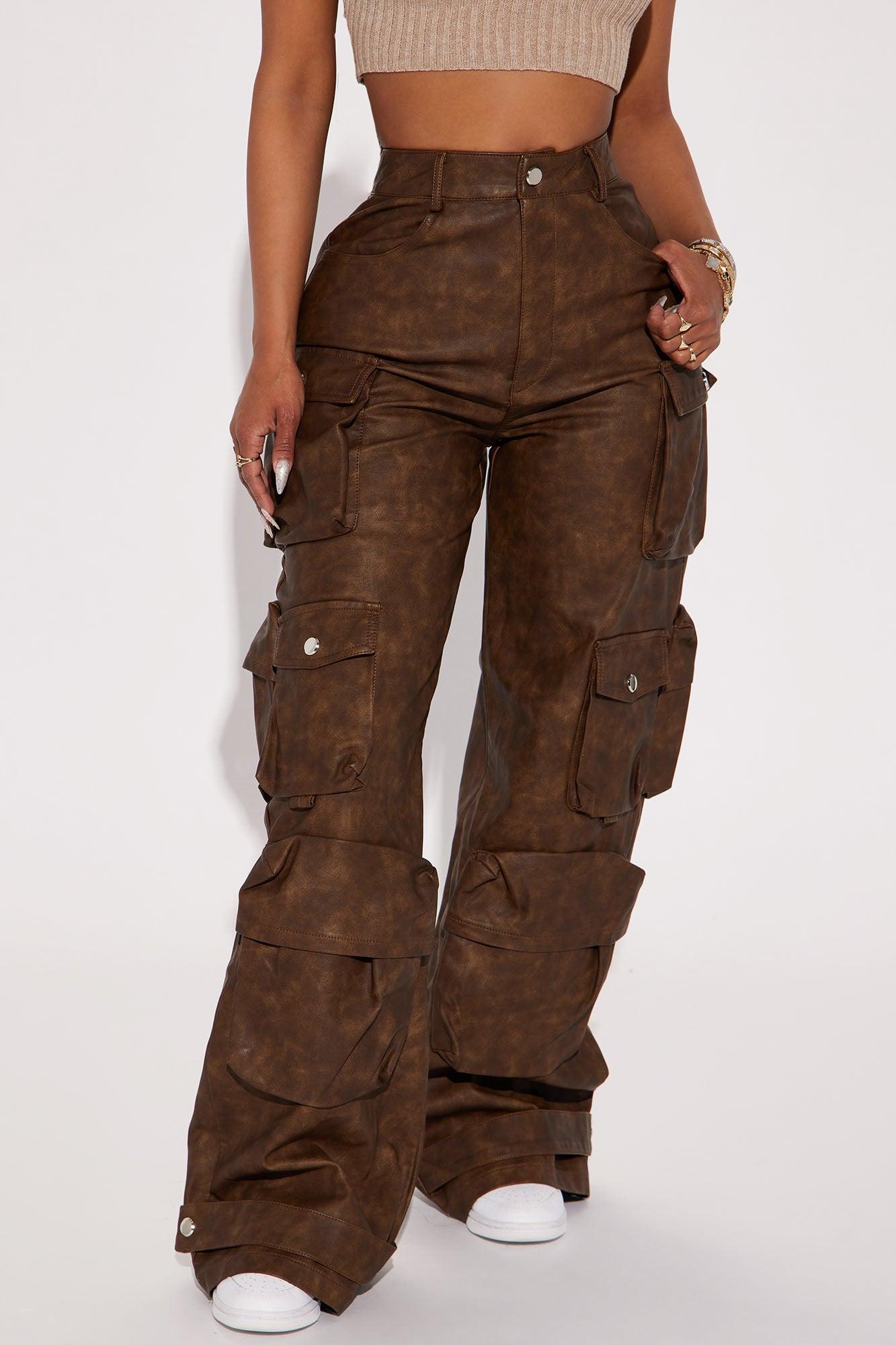 Weekend Warrior Washed Faux Leather Cargo Pant - Brown Product Image