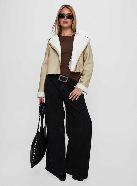 Shearling Trim Faux Leather Jacket Beige Product Image