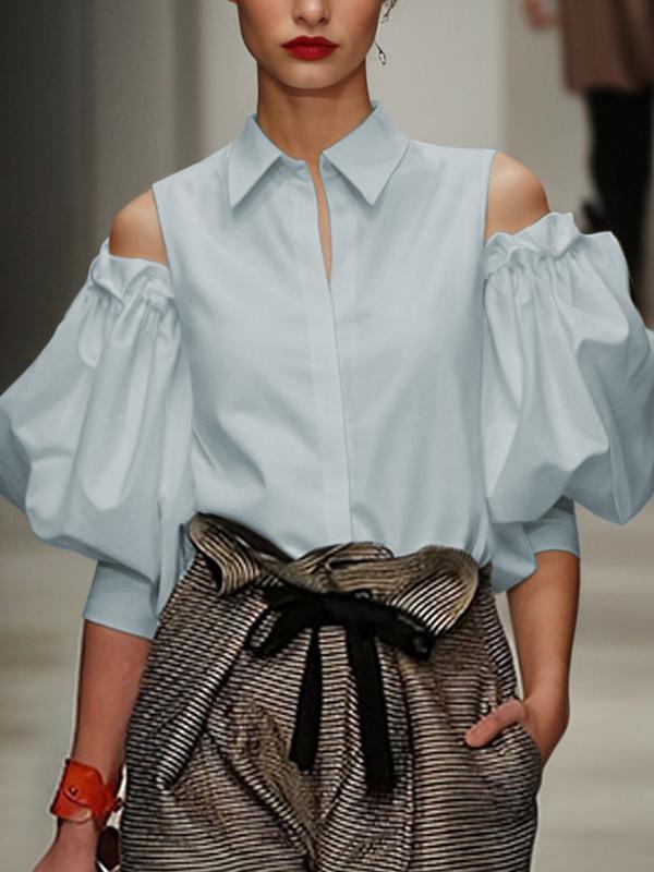 Long Sleeves Loose Pleated Solid Color Cold Shoulder Blouses&Shirts Tops Product Image