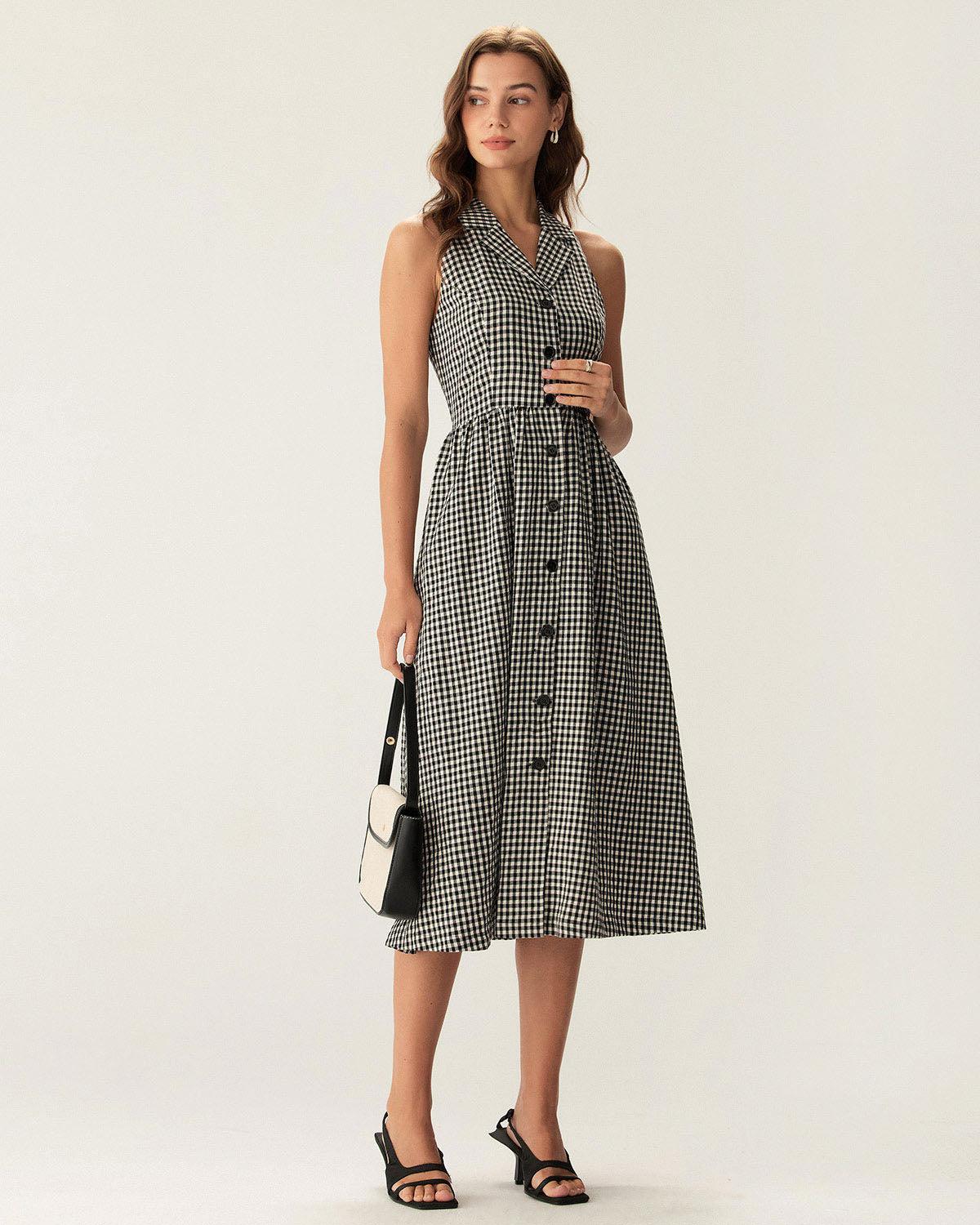 Black Plaid Sleeveless Button Midi Dress Product Image