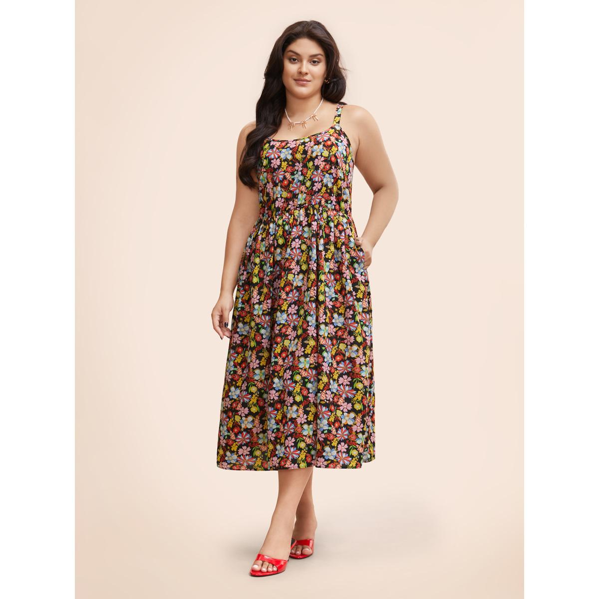 Plus Size Ditsy Floral Elastic Waist Cami Dress Multicolor Women Elegant Gathered Round Neck Sleeveless Curvy BloomChic 12/L Product Image