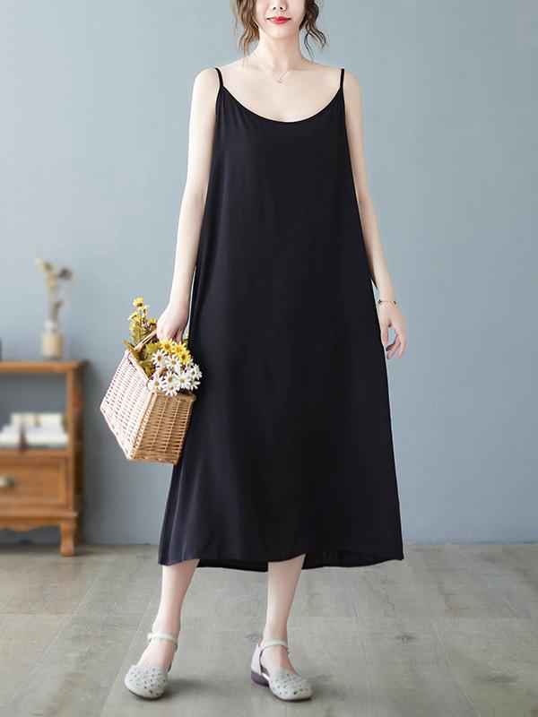 Loose Sleeveless Solid Color Spaghetti-Neck Midi Dresses Product Image