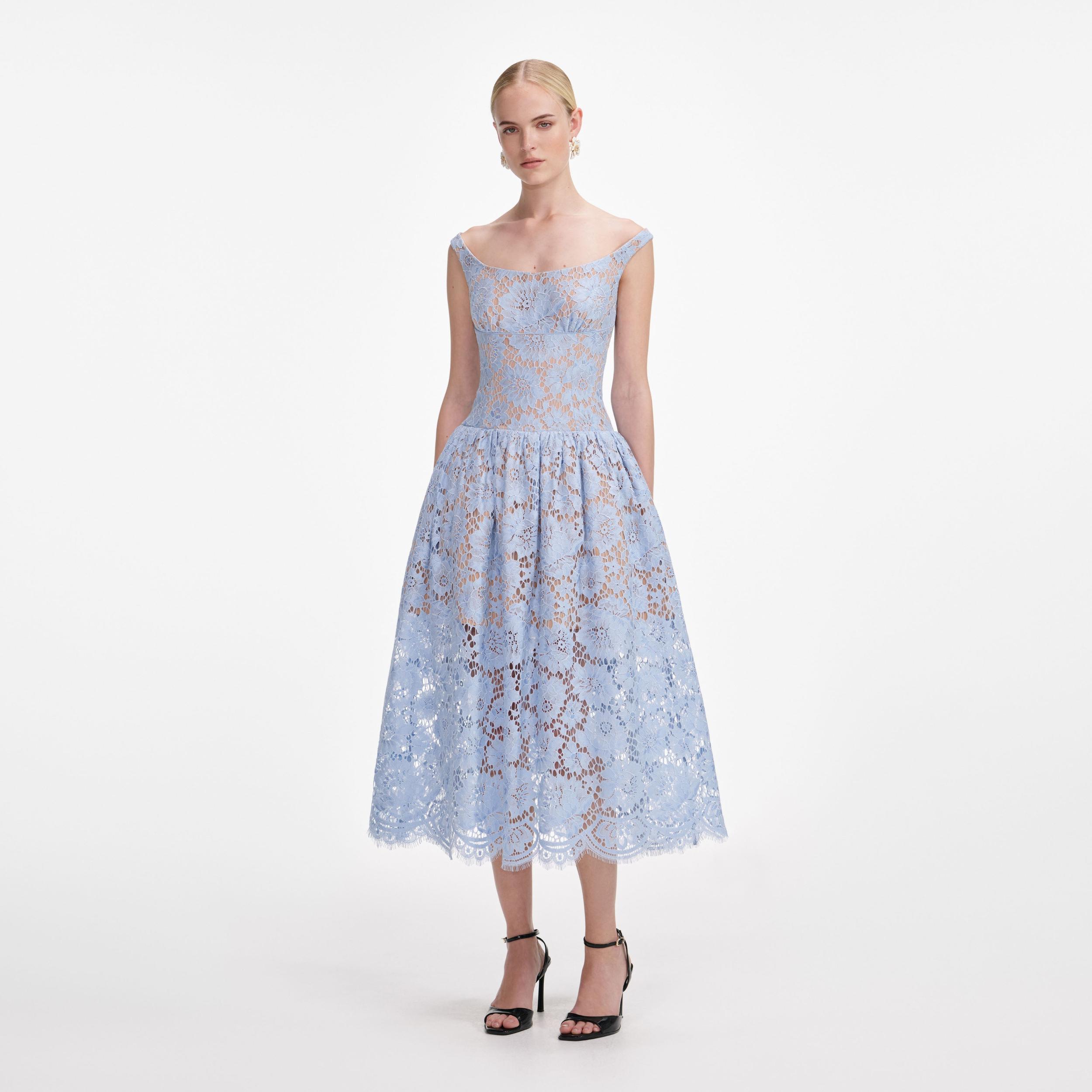 Blue Floral Lace Midi Dress Product Image