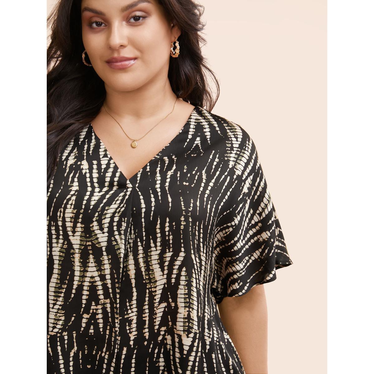 Plus Size Black Animal Print Pleated Dolman Sleeve Blouse Women Elegant Short sleeve V-neck Everyday Blouses BloomChic 14-16/1X Product Image