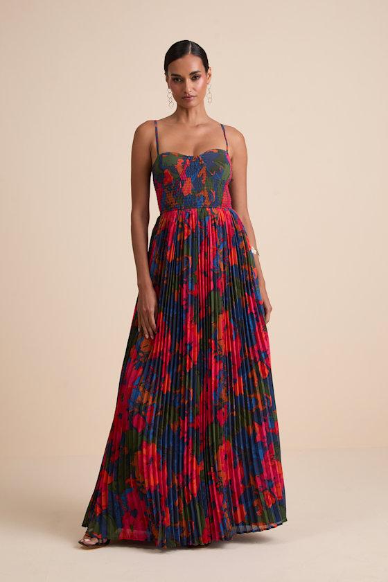 Kinleigh Red Multi Abstract Pleated Bustier Maxi Dress Product Image