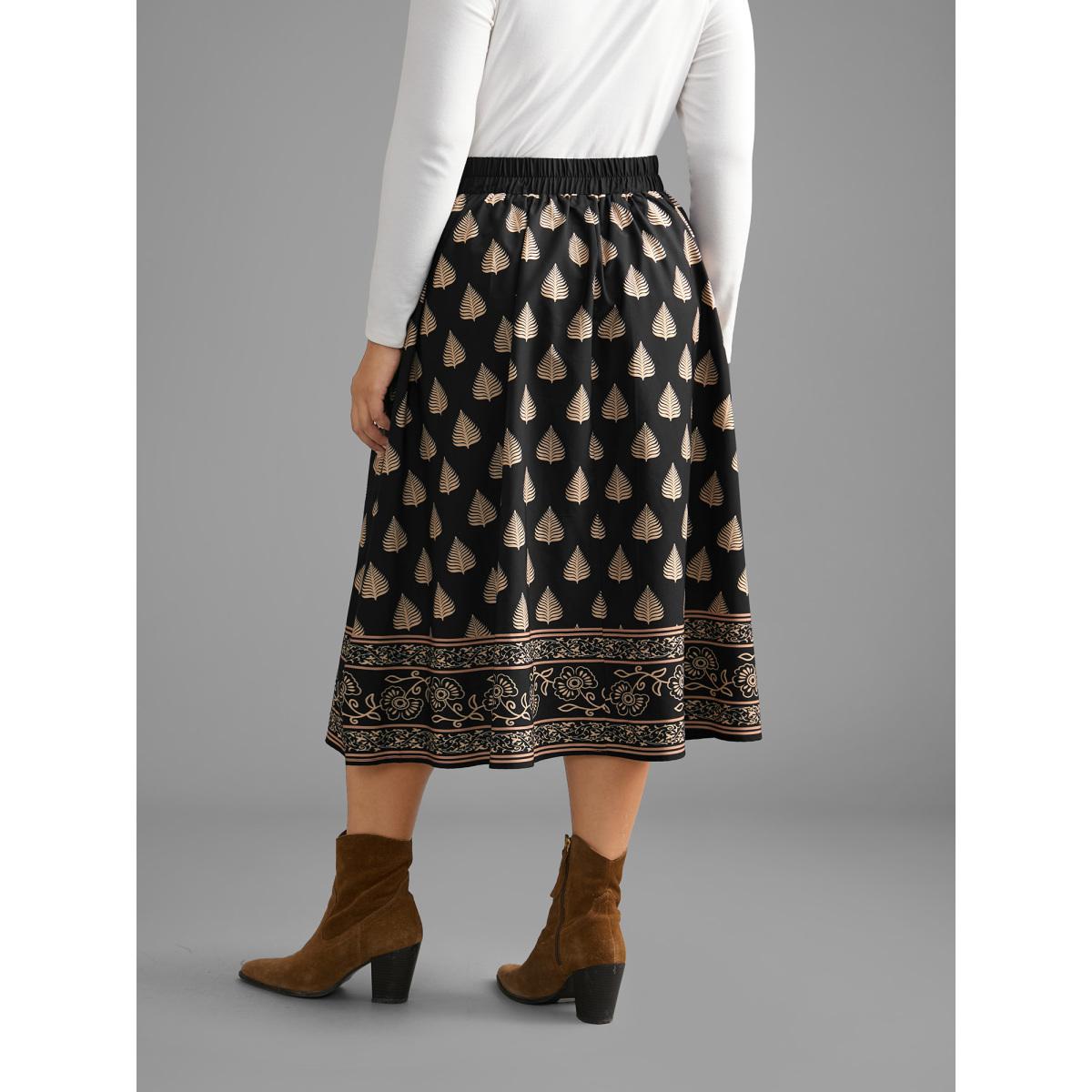 Plus Size Boho Print Elastic Waist Pocket Skirt Women BlackFlower Elegant Contrast Low stretch Slanted pocket Everyday Skirts BloomChic 10/M Product Image