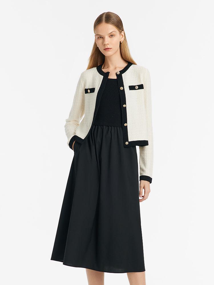 Contrast Trim Cardigan And Vest Dress Two-Piece Set Product Image