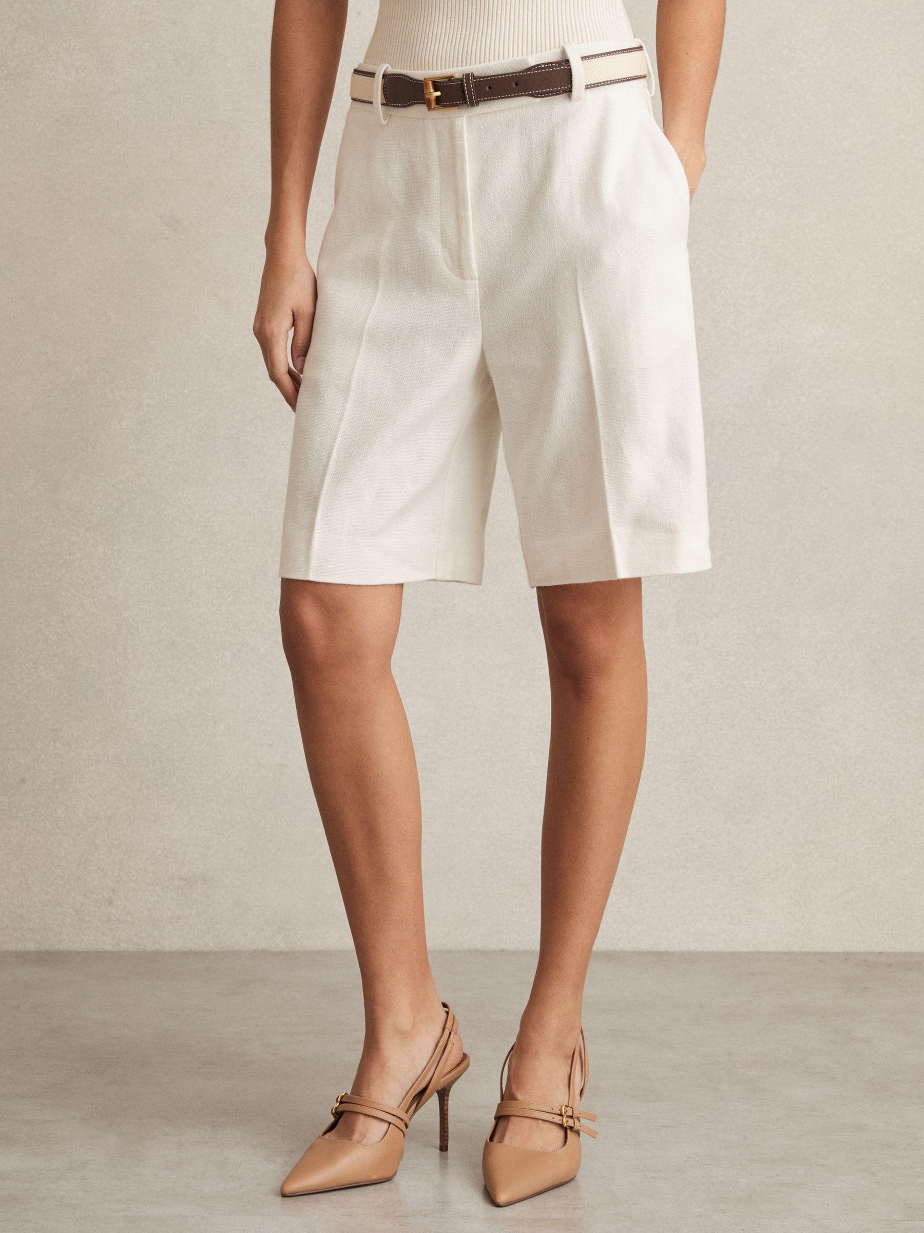 Linen-Blend Bermuda Shorts in White Product Image