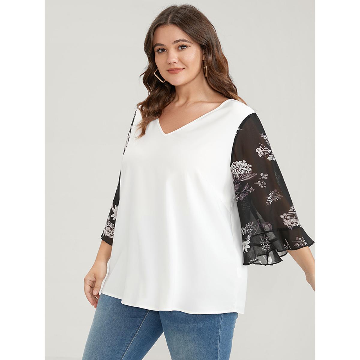 Plus Size White Solid Patchwork Floral Flounce Sleeve V Neck Blouse Women Elegant Elbow-length sleeve V-neck Dailywear Blouses BloomChic 28/5X Product Image