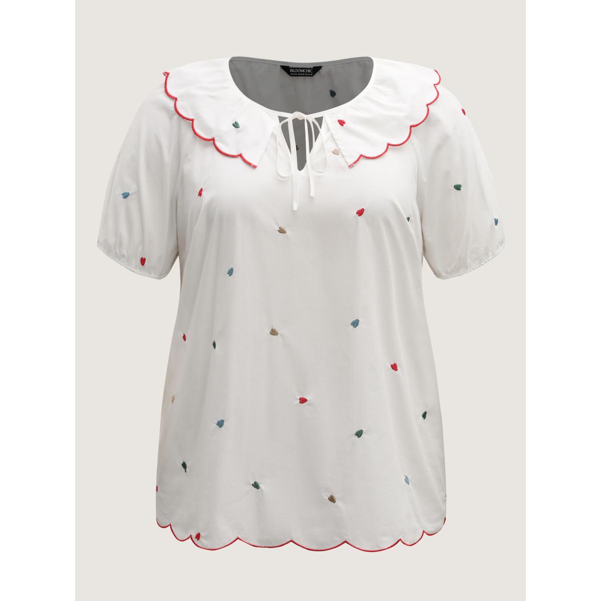 Plus Size Originalwhite Sweetheart Embroidery Doll Collar Blouse Women Short sleeve Peter Pan collar Casual Blouses BloomChic 22-24/3X Product Image