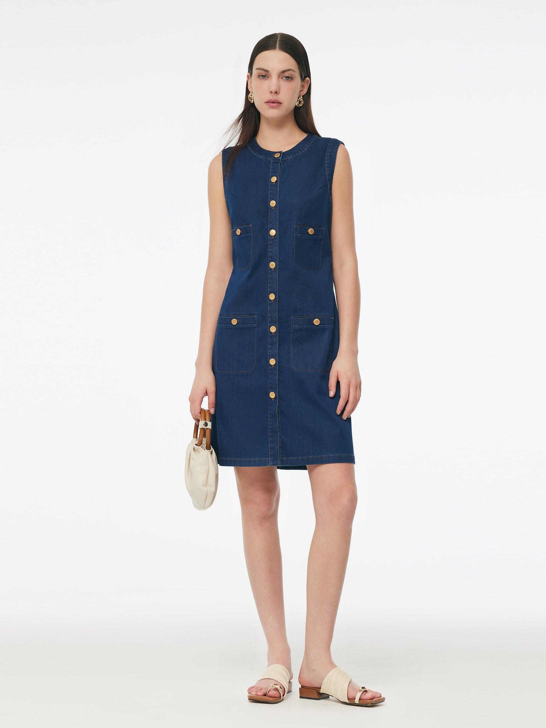 Denim Stretch Front Button Women Mini Dress Product Image