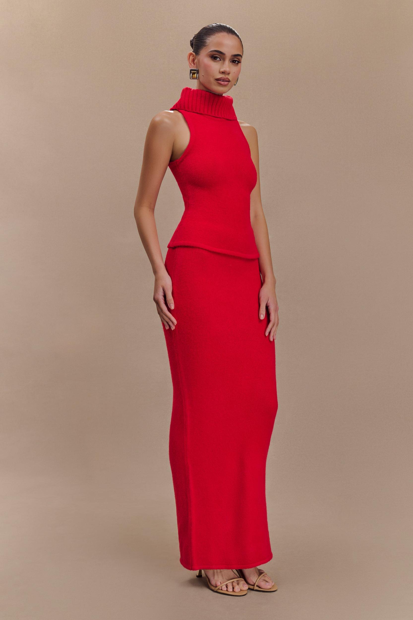 Elise Roll Neck Knit Top - Red Product Image