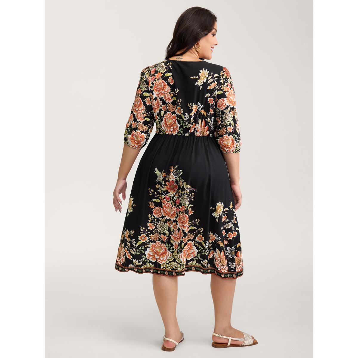 Plus Size Rayon Floral Print Contrast V-Neck Midi Dress Black Women Boho Gathered V-neck Elbow-length sleeve Curvy BloomChic 12/L Product Image