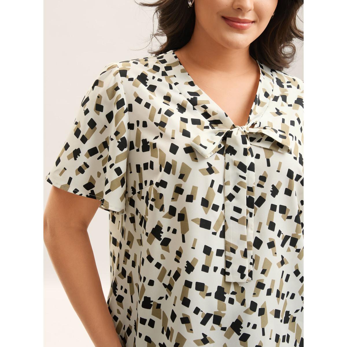 Plus Size Beige Geometric Print Ribbon Collar Blouse Women Short sleeve Ribbon-tied collar Everyday-Elegant Blouses BloomChic 18-20/2X Product Image