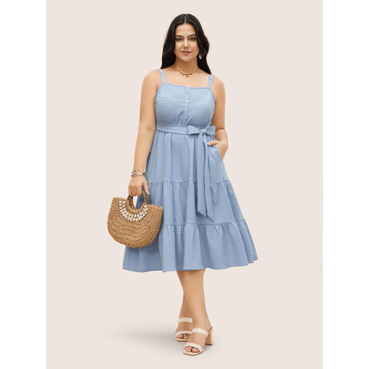 Plus Size Plain Textured Ruffle Layered Hem Belted Dress LightBlue Women Resort Texture Non Sleeveless Curvy Midi Dress BloomChic 10/M Product Image