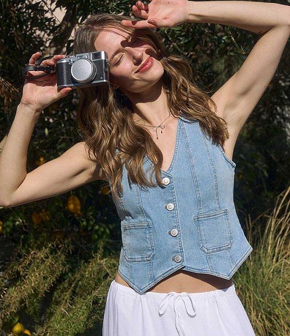 Blu Pepper Denim V-Neck Button Front Vest Top Product Image