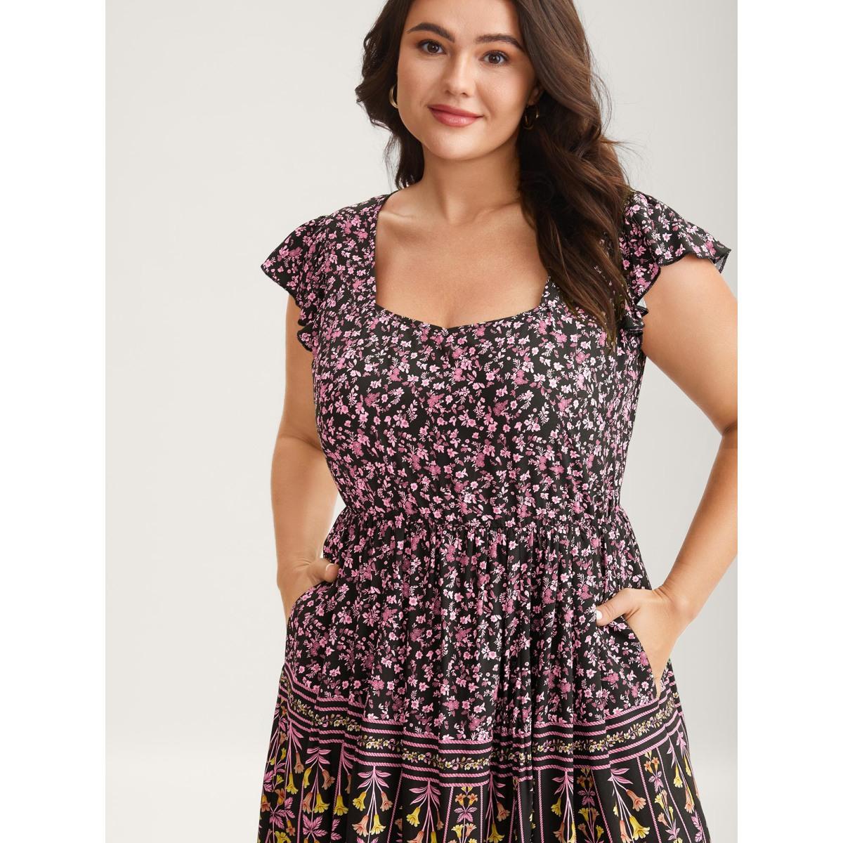 Plus Size Rayon Garden Fresh Ruffled Sleeve Midi Dress Peach Women Resort Heart neckline Cap Sleeve Curvy BloomChic 10/M Product Image