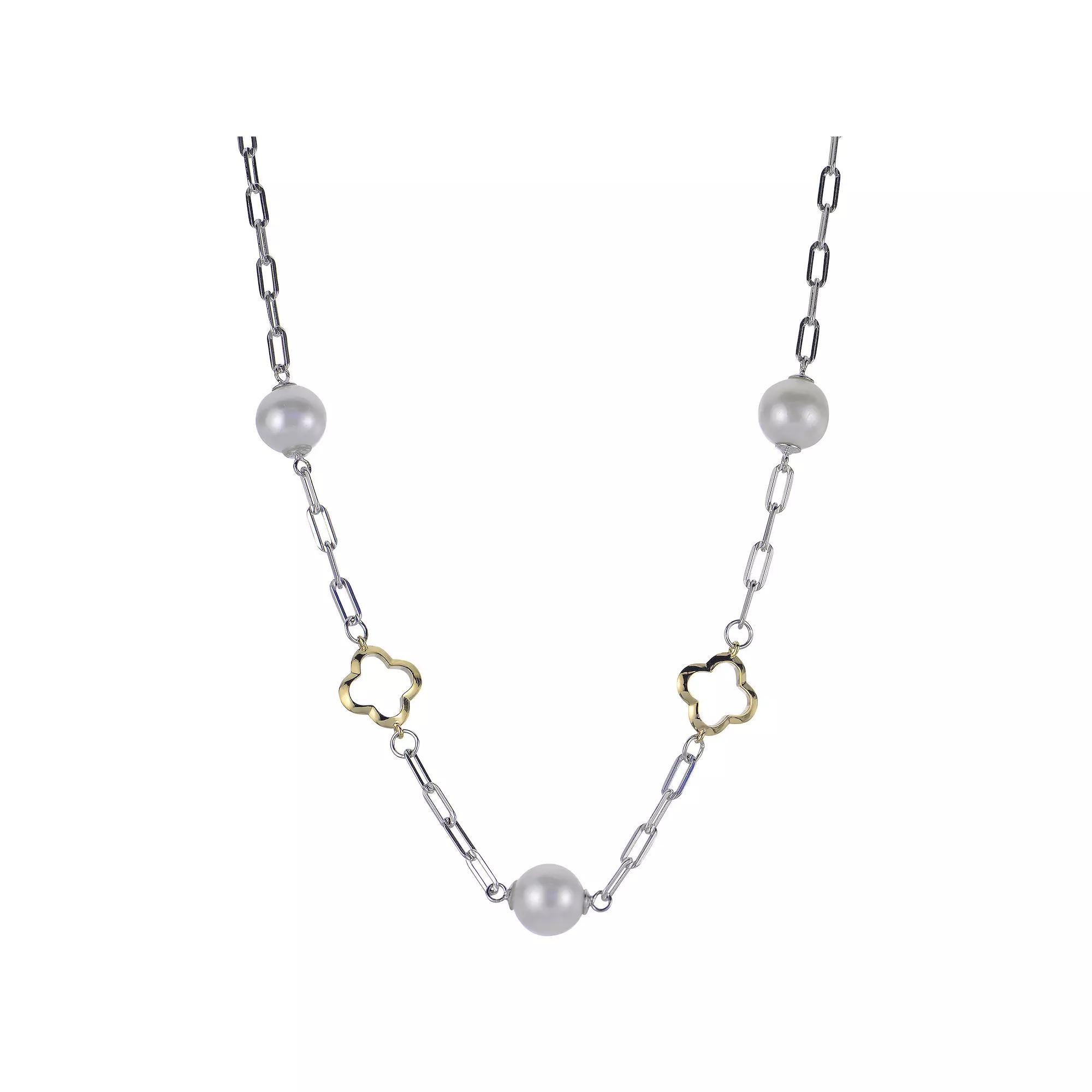 PearLustre by Imperial Two Tone Sterling Silver Freshwater Cultured Pearl Clover Station Necklace, Womens Product Image