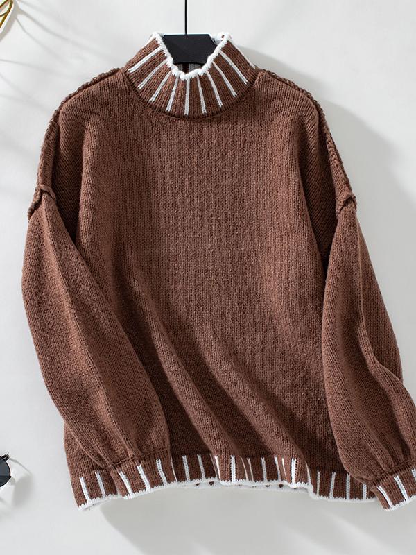 Long Sleeves Loose Contrast Color Split-Joint High Neck Pullovers Sweater Tops Product Image