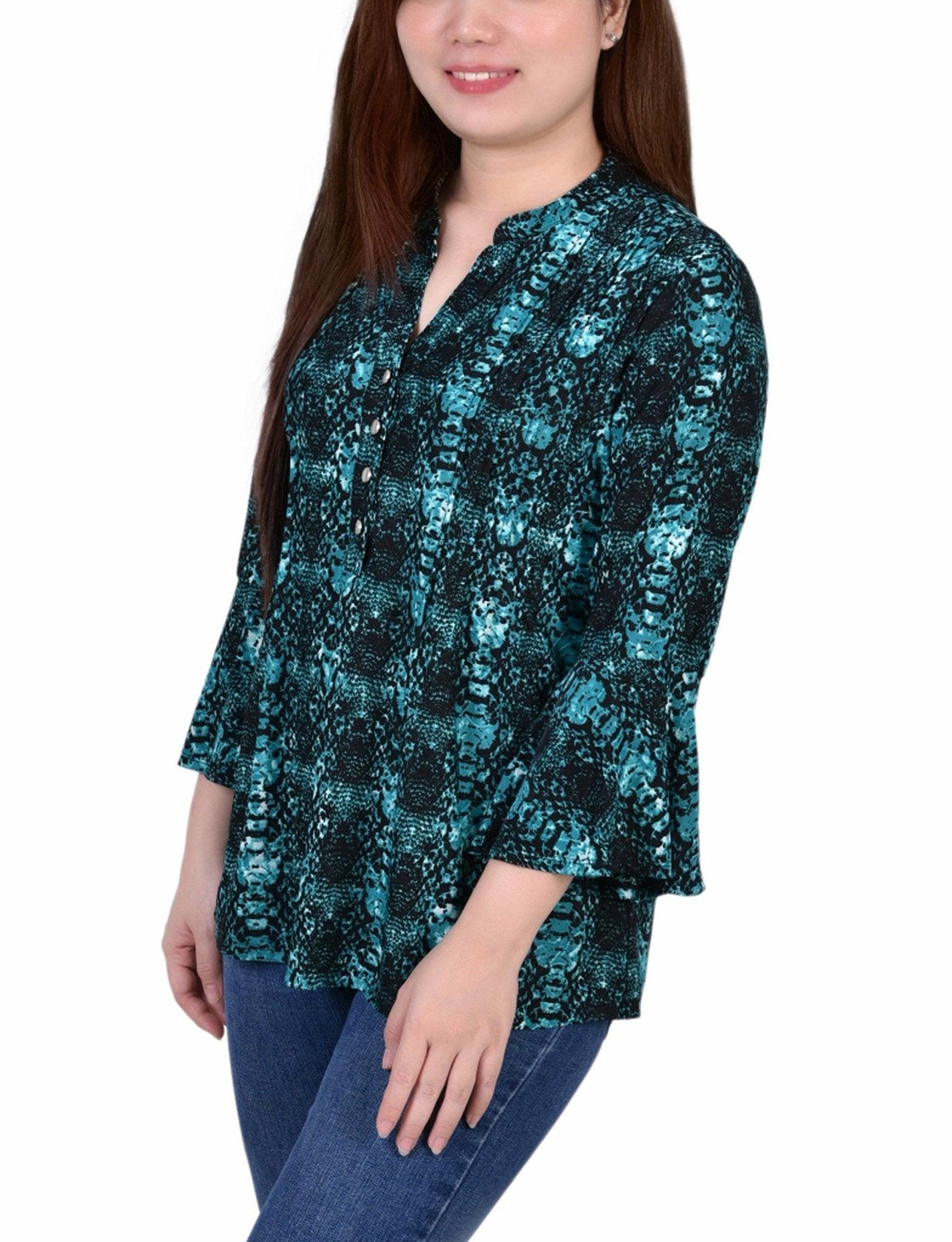 Teal Plaid 3/4 Bell Sleeve Pleat Front Y Neck Top Product Image
