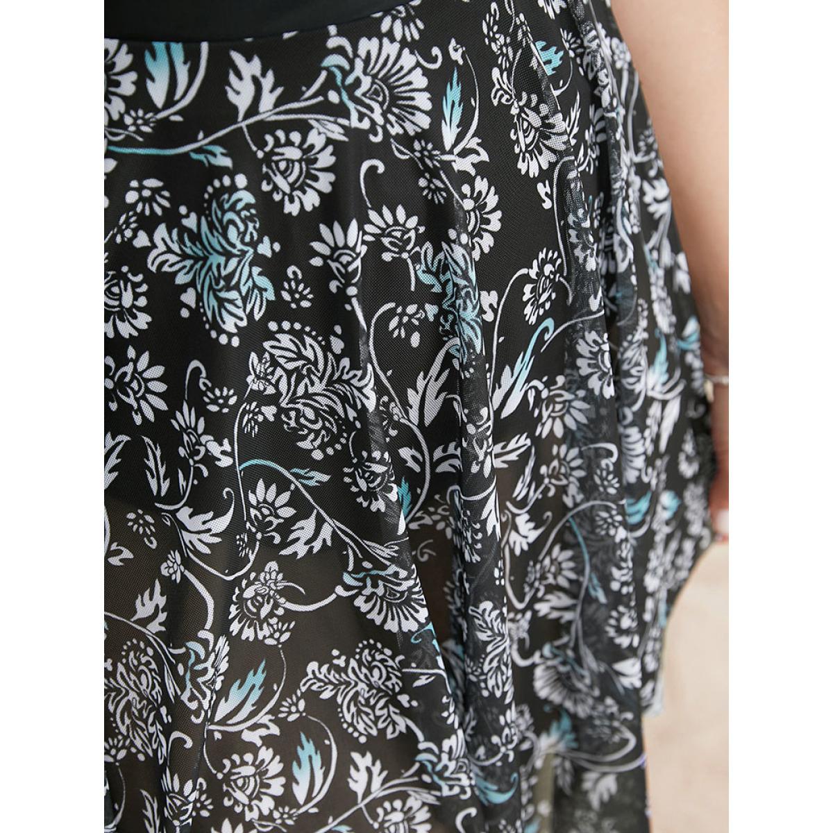 Plus Size Ruffle Trim Hanky Hem Floral Contrast Swim Dress Women's Swimwear BlackFlower Vacation Bodycon V-neck High stretch Curve Swim Dresses BloomChic 14-16/1X Product Image