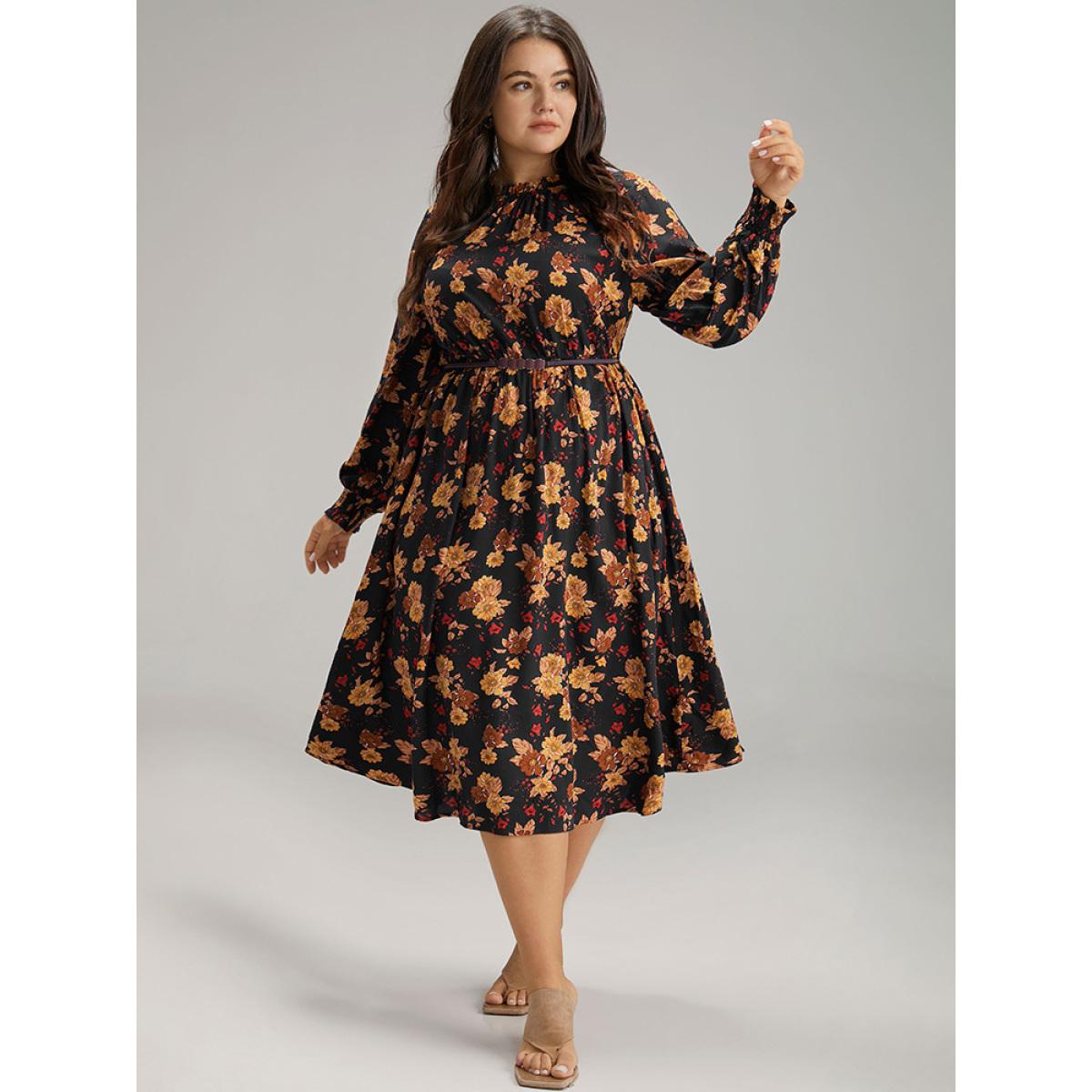 Plus Size Supersoft Essentials Floral Print Mock Neck Dress Black Women Elegant Printed Mock Neck Long Sleeve Curvy Midi Dress BloomChic 28/5X Product Image