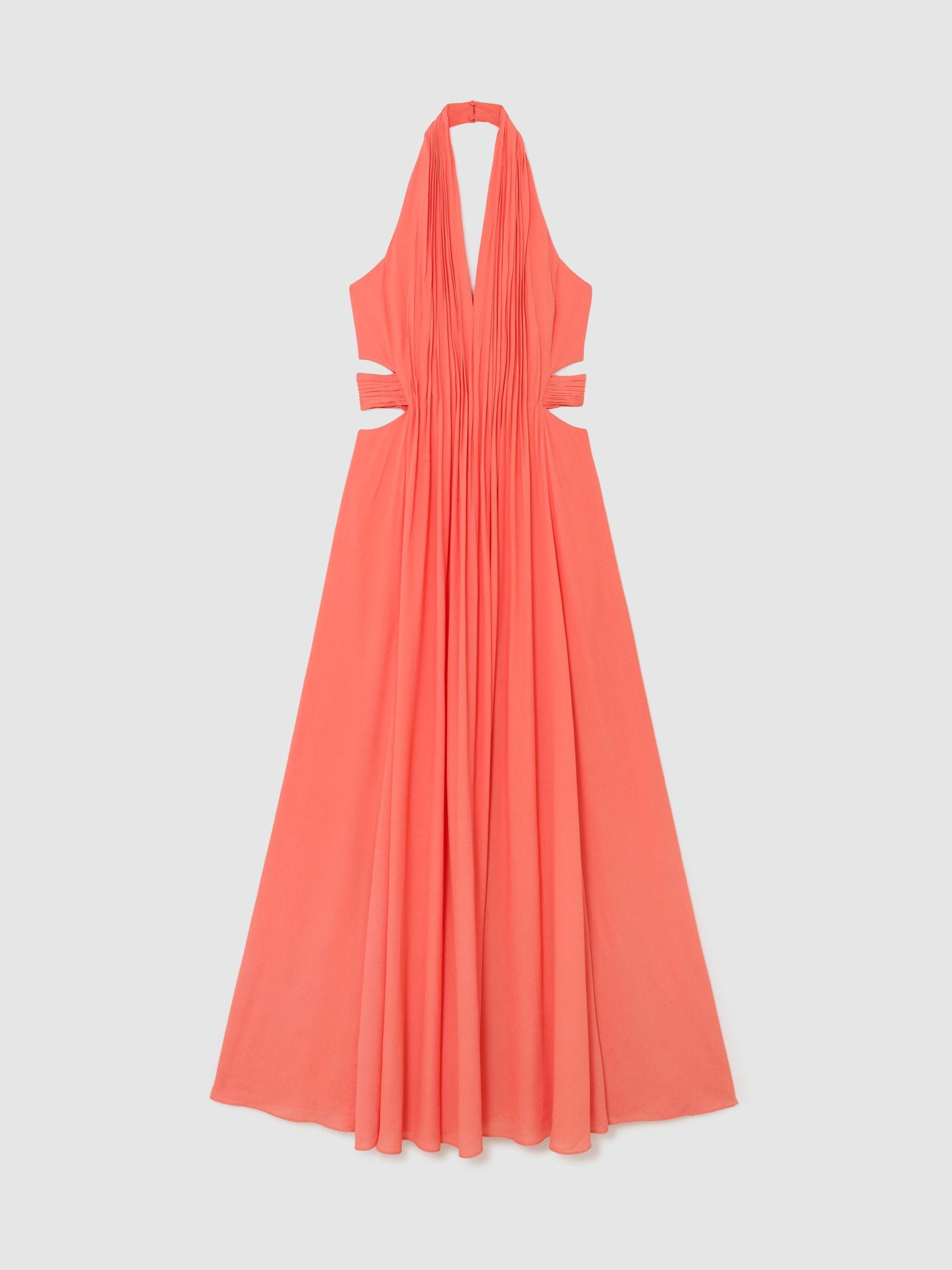 Halterneck Pleated Maxi Dress in Coral Pink Product Image