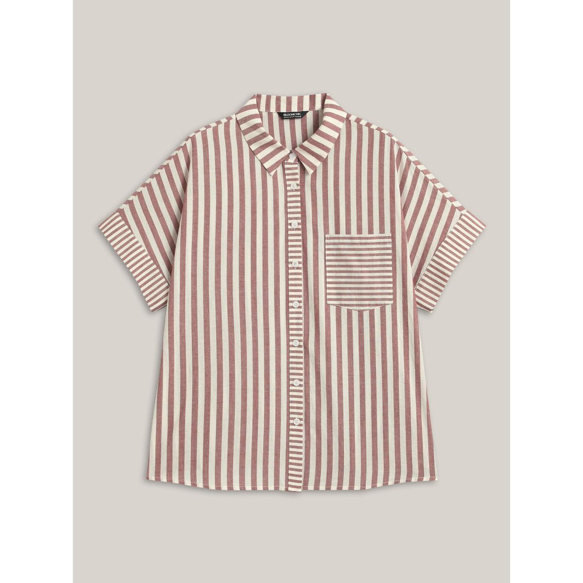 Plus Size Russet Cotton Striped Dolman Sleeve Blouse Women Office Short sleeve Shirt collar Office Blouses BloomChic 22-24/3X Product Image