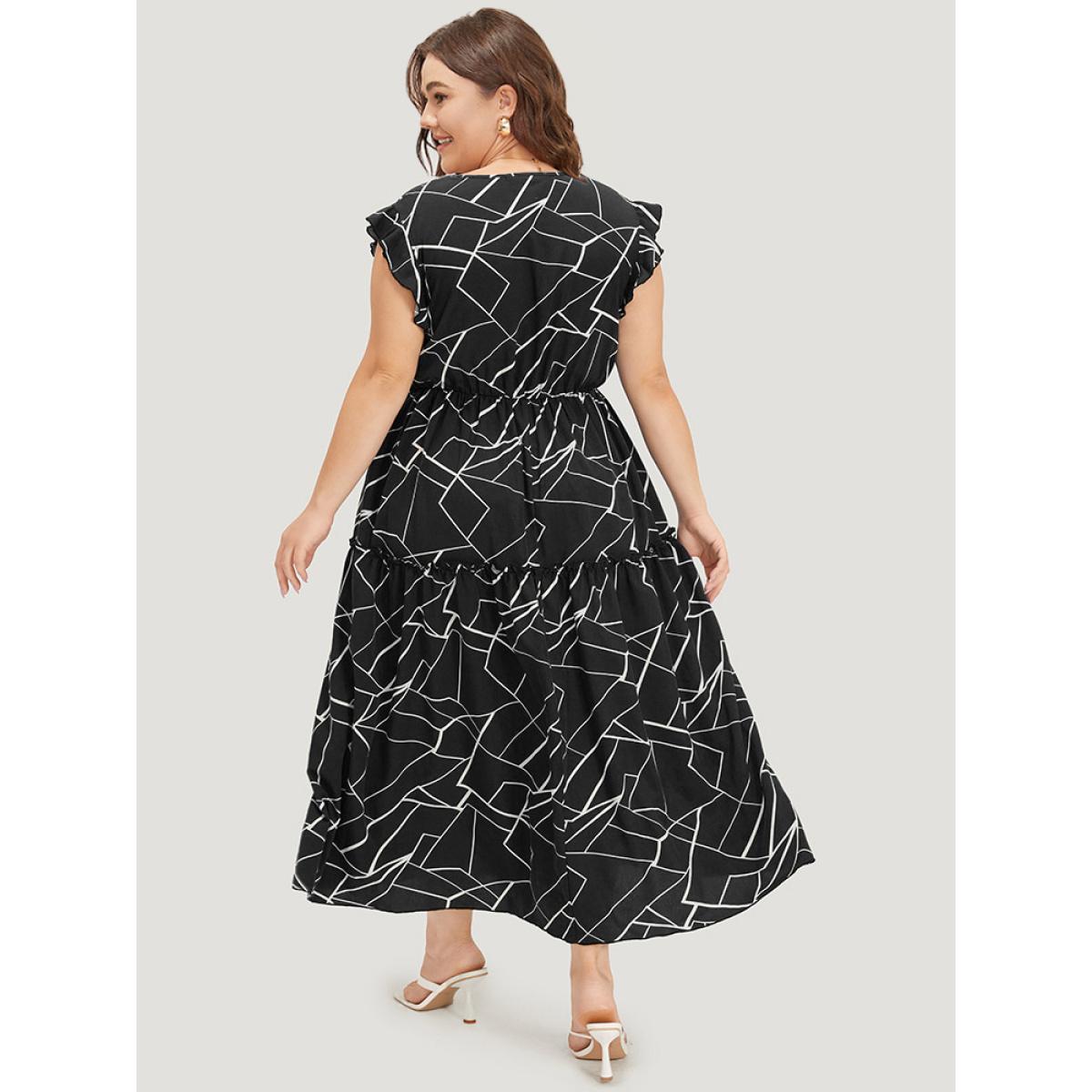 Plus Size Geometric Print Ruffle Cap Sleeve Wrap Layered Hem Dress Black Women Office Printed V-neck Cap Sleeve Curvy Long Dress BloomChic 12/L Product Image