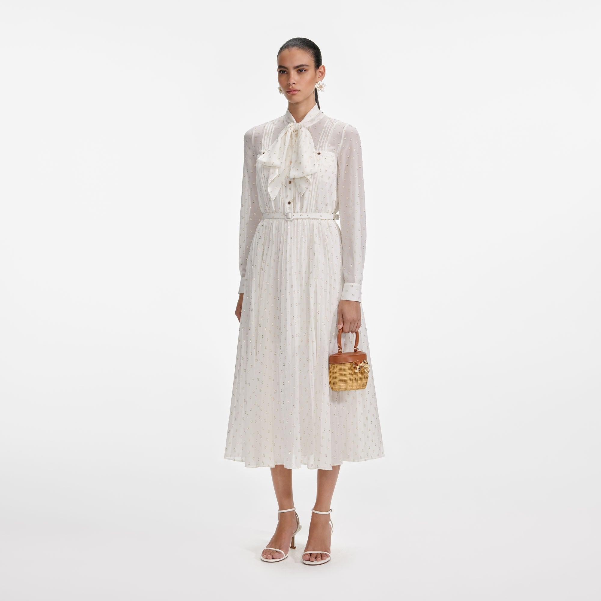 Cream And Gold Pussy Bow Midi Dress Product Image