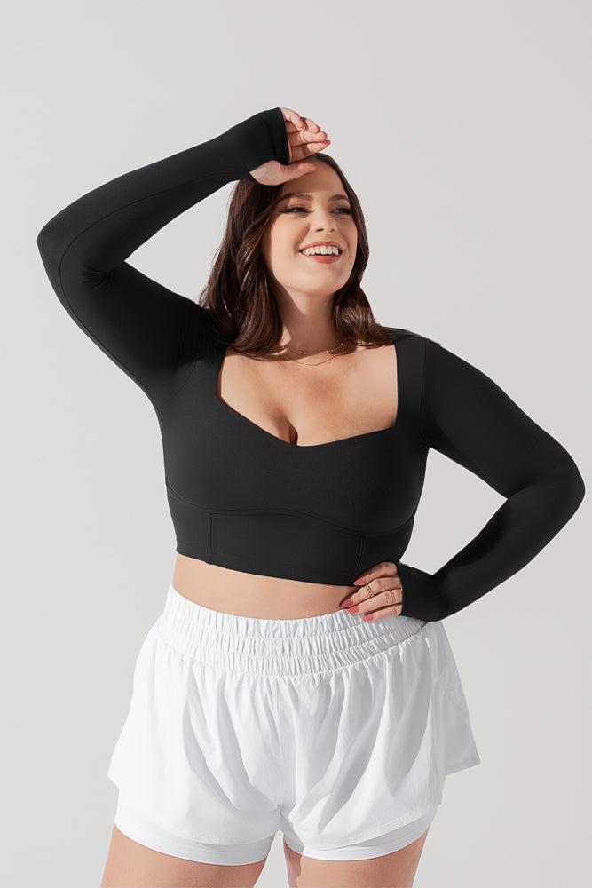 Sweetheart Long Sleeve Crop Top - Black Product Image