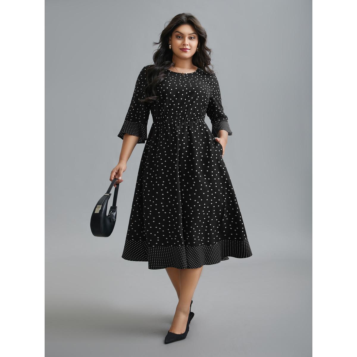 Plus Size Crew Neck Polka Dot Waist Cinched Dress Black Women At the Office Patchwork Round Neck Elbow-length sleeve Curvy BloomChic 28/5X Product Image