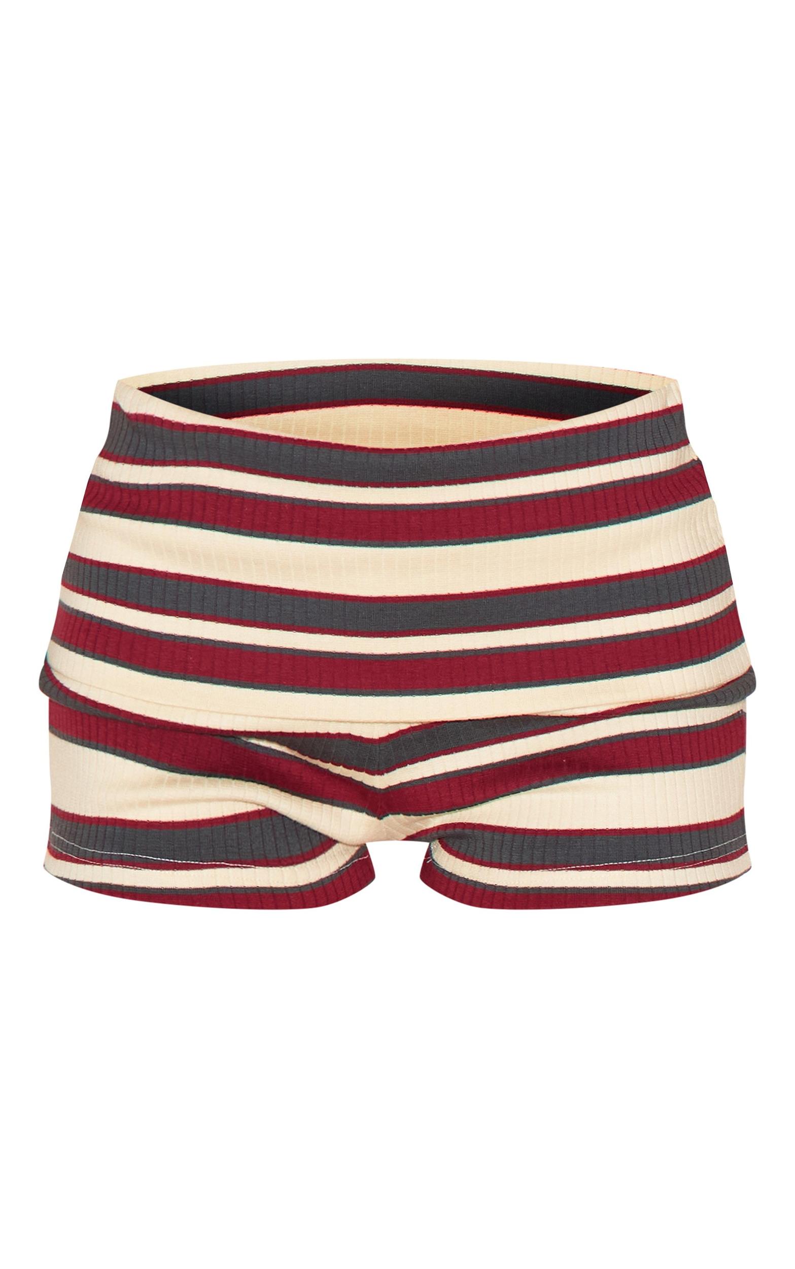 Burgundy Striped Fold Over Rib Hot Pants Product Image
