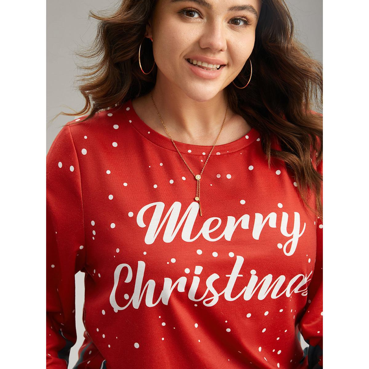 Plus Size Christmas Trees Snowflake Round Neck Sweatshirt Women Red Casual Contrast Festival-Christmas Sweatshirts BloomChic 28/5X Product Image