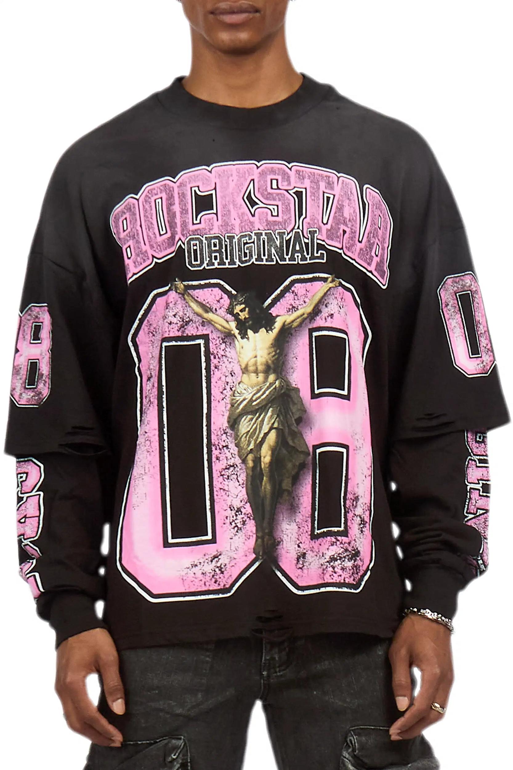 Fields Black/Pink Double Layer Long Sleeve Graphic T-Shirt Male Product Image