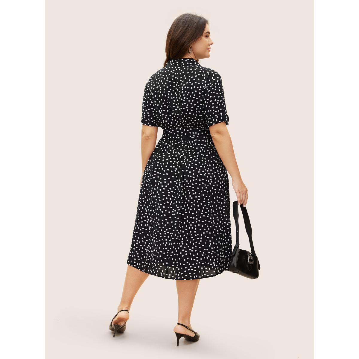 Plus Size Polka Dot Suit Collar Cuffed Sleeve Dress Black Women Workwear Essentials Belted Suit Collar Short sleeve Curvy BloomChic 14-16/1X Product Image