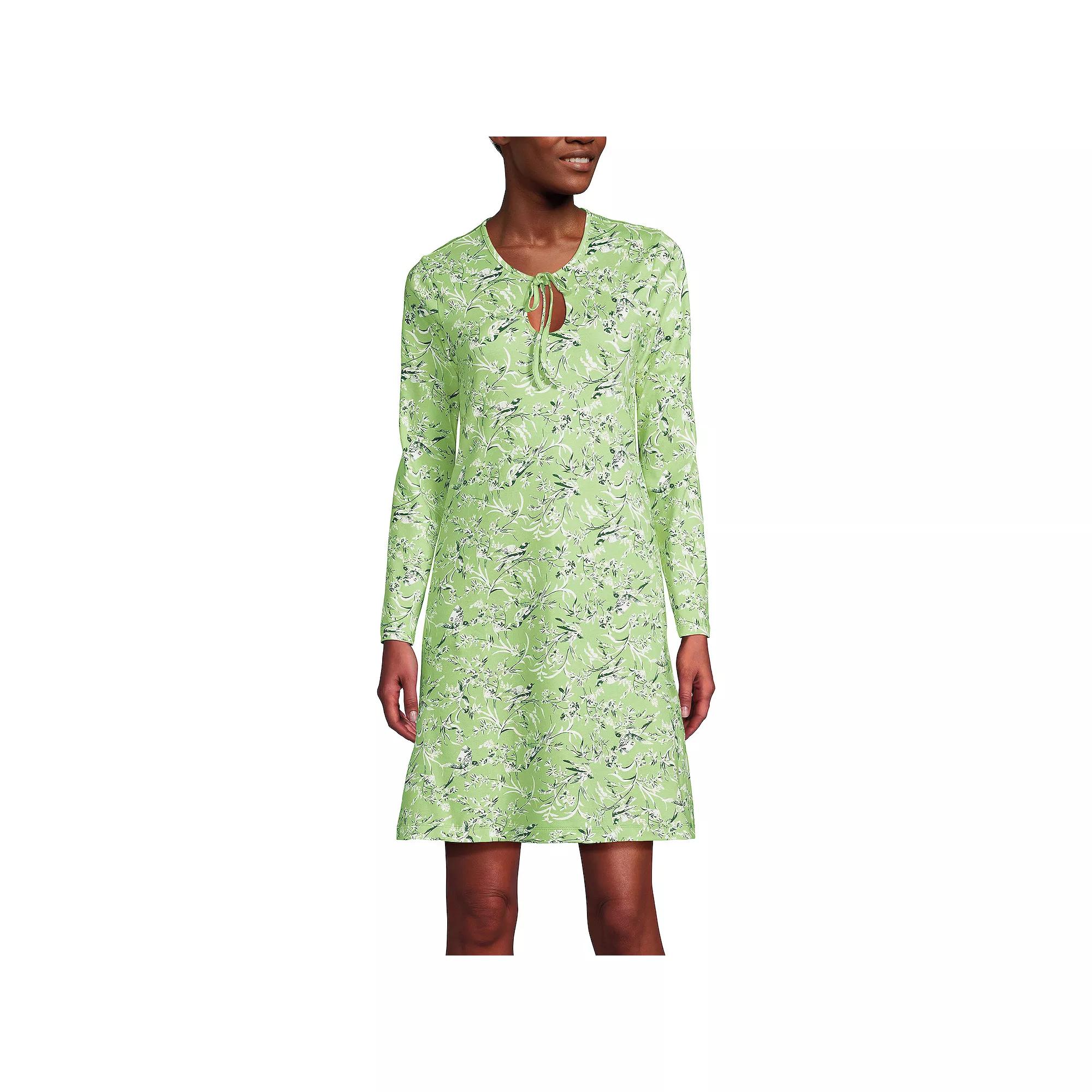 Women's Lands' End Cotton Interlock Long Sleeve Nightgown, Size: XL, Soft Green Bird Song Product Image