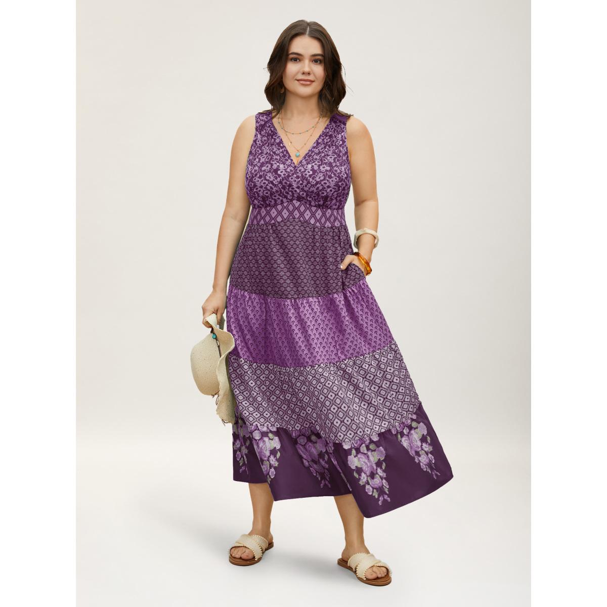 Plus Size Bandana Patchwork Floral Sleeveless Dress Mauve Women Boho Pleated V-neck Sleeveless Curvy BloomChic 22-24/3X Product Image
