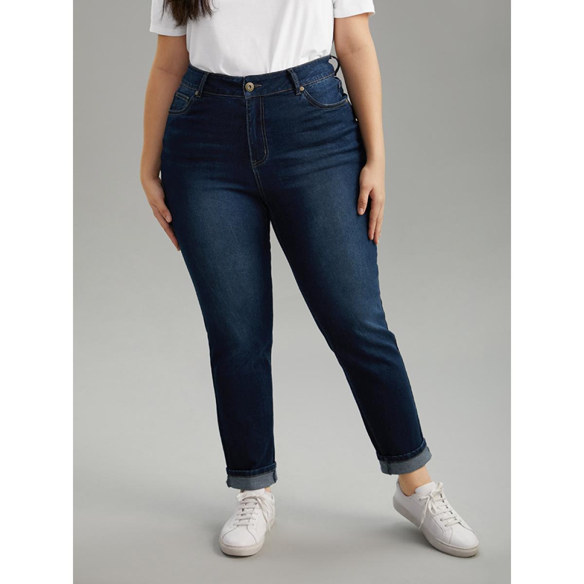 Plus Size Cutoff Roll Hem Full Length Jeans Women DarkBlue Casual Plain Plain High stretch Pocket Jeans BloomChic 22/3X Product Image