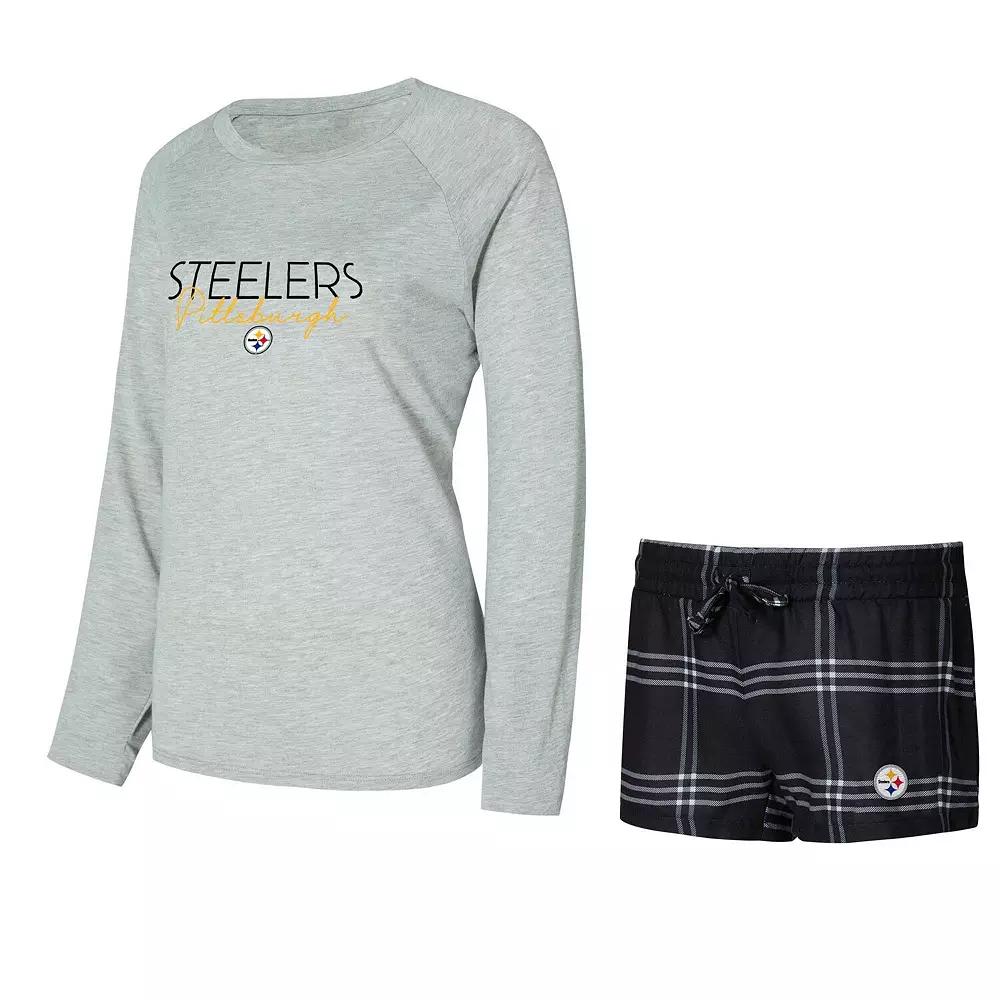 Women's Concepts Sport Black/Gray Pittsburgh Steelers Petition Raglan Long Sleeve T-Shirt and Shorts Set,  Product Image